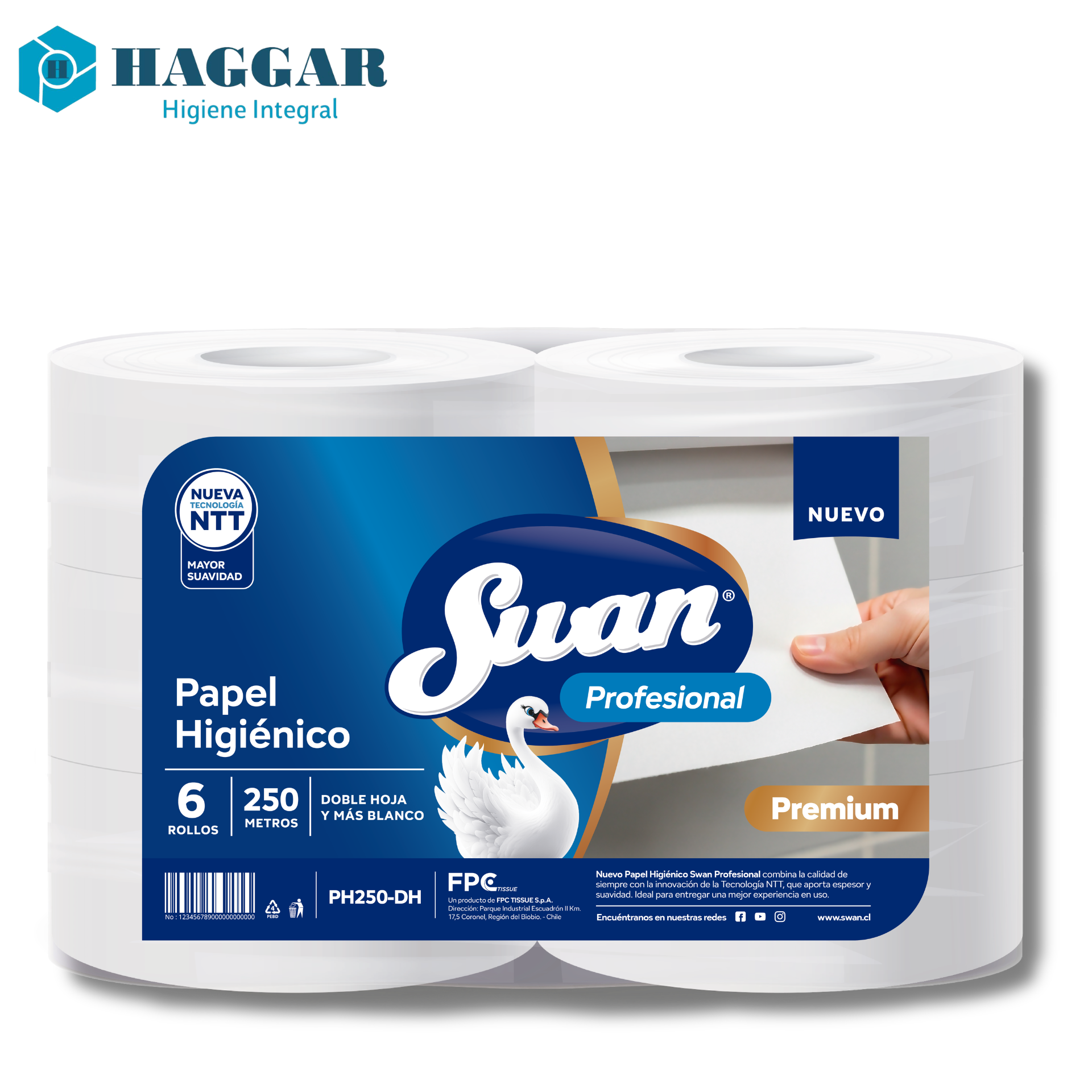 PAPEL HIGIENICO SWAN PREMIUM D/H 6X250MT